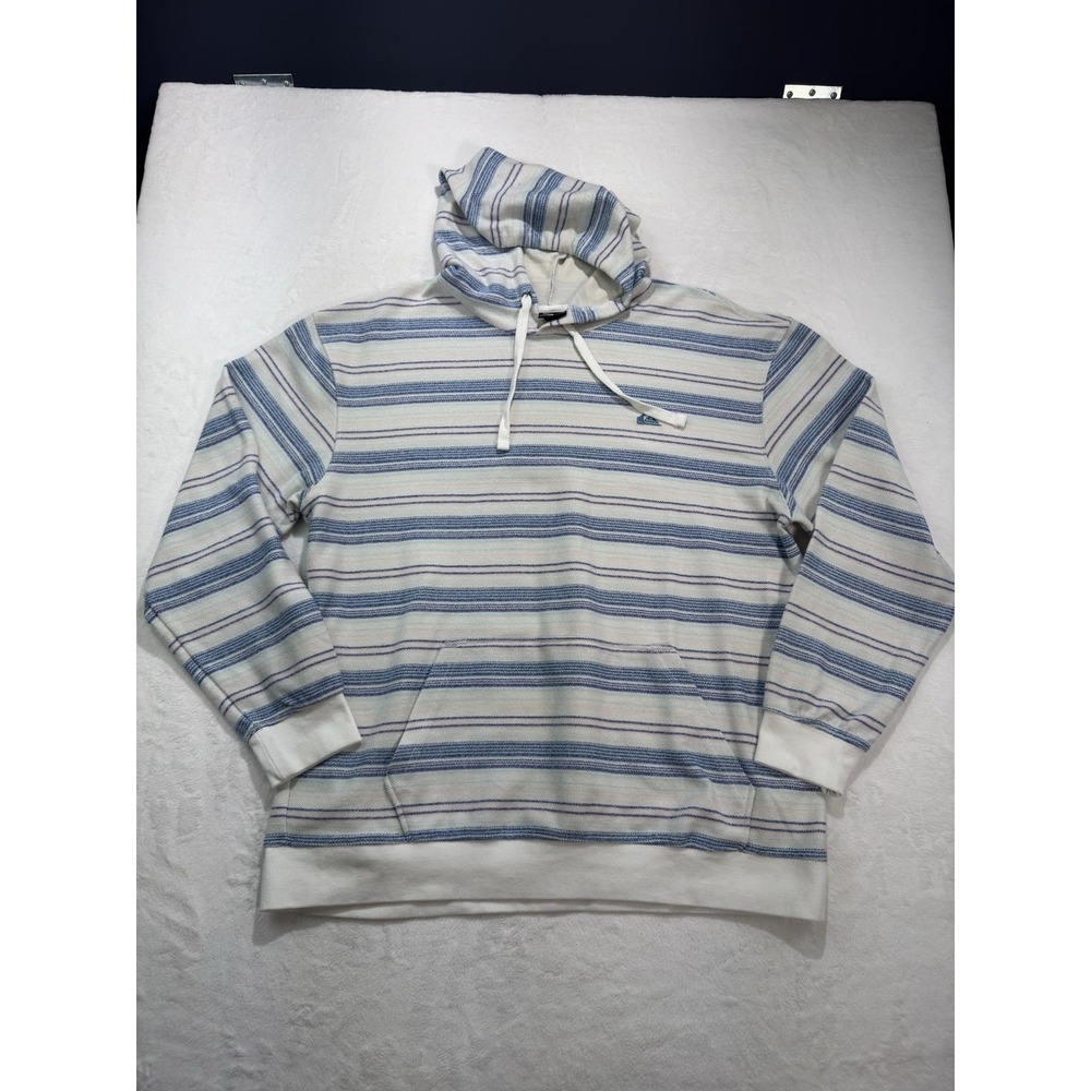 Quiksilver Hoodie Mens 2XL White Blue Striped Knit Pullover Kangaroo Pocket